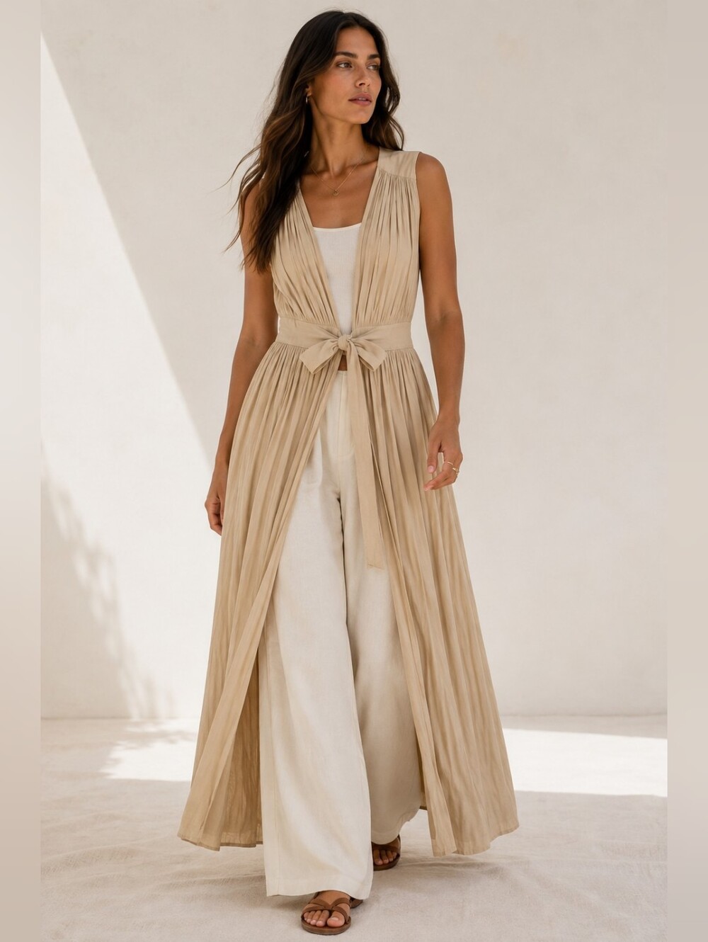 Pampelone Beige Gathered Tie Waist Maxi Dress XS